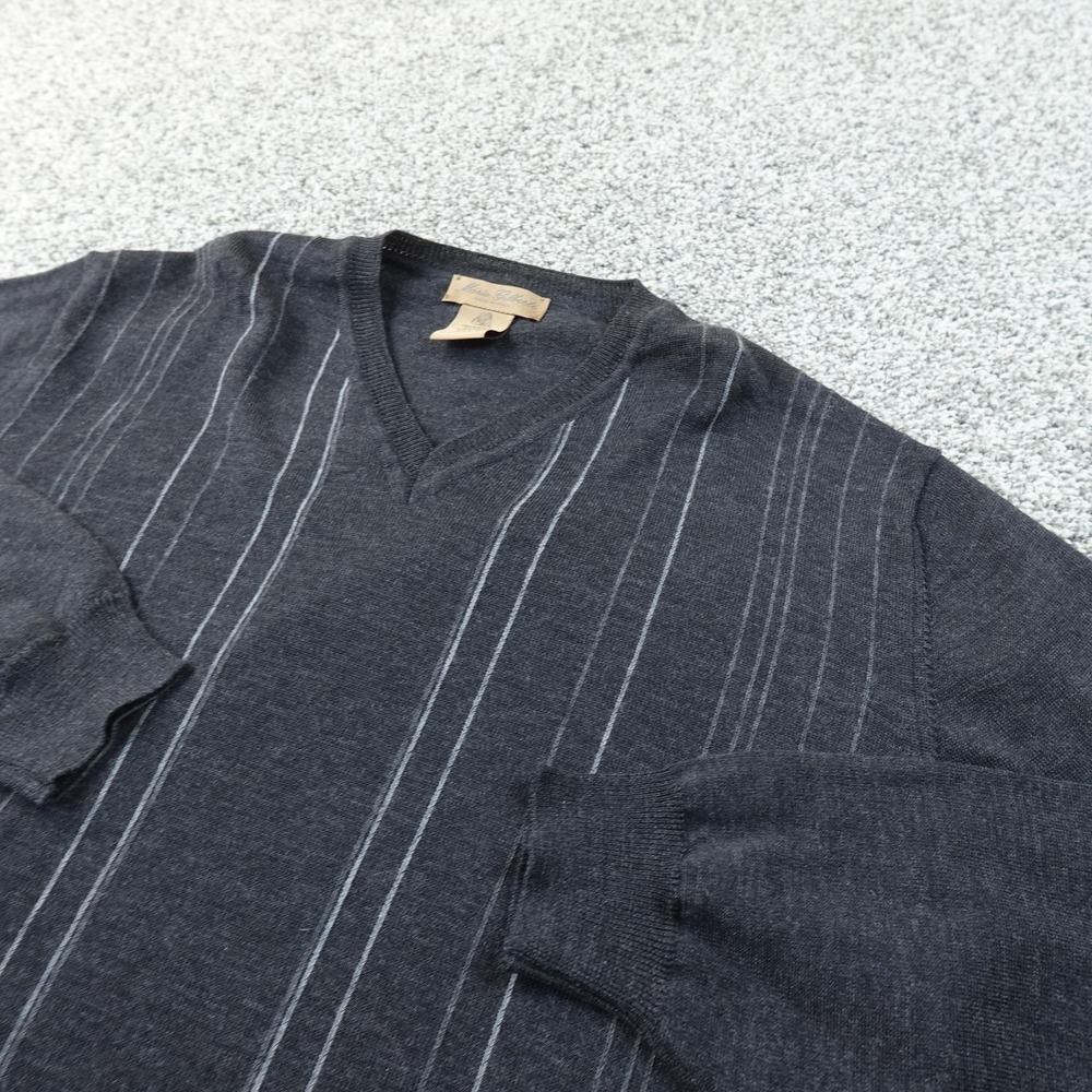 Merino Wool Sweater Mens L Gray V Neck Stripe Lightweight Pullover Grandpa Italy